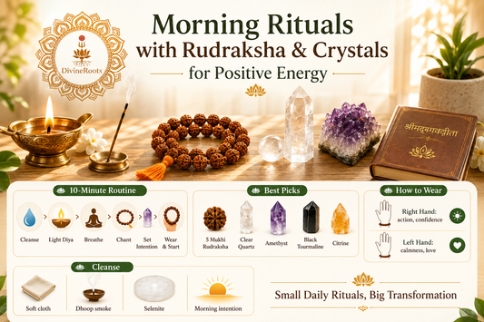 Morning spiritual ritual setup with Rudraksha Mala, Clear Quartz, Amethyst, Black Tourmaline, Citrine, diya, incense, Selenite Plate and DivineRoots branding for positive energy