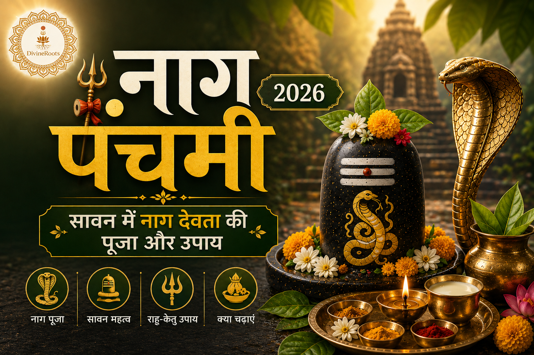 DivineRoots Hindi devotional image showing Nag Panchami 2026 with Shivling, Nag Devta cobra symbol, puja thali, diya, flowers, Bel Patra, temple background and Sawan Shiva worship theme
