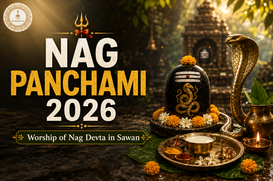 DivineRoots devotional image showing Nag Panchami 2026 with Shivling, Nag Devta cobra symbol, puja thali, diya, flowers, temple background and Sawan Shiva worship theme