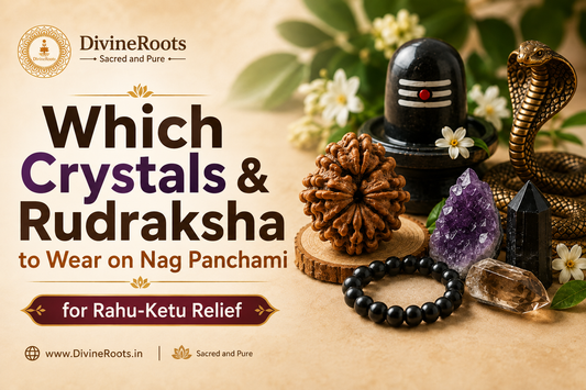 DivineRoots blog hero image for Nag Panchami showing Rudraksha, Black Tourmaline, Amethyst, Smoky Quartz, Shivling and Nag symbolism for Rahu-Ketu related spiritual guidance.