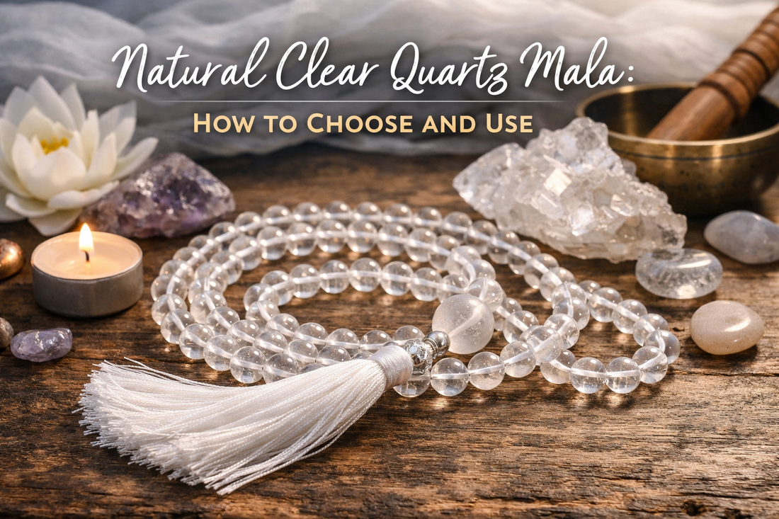 Natural Clear Quartz Mala on wooden surface with candle and crystals – guide to choosing and using clear quartz mala for meditation and energy balance