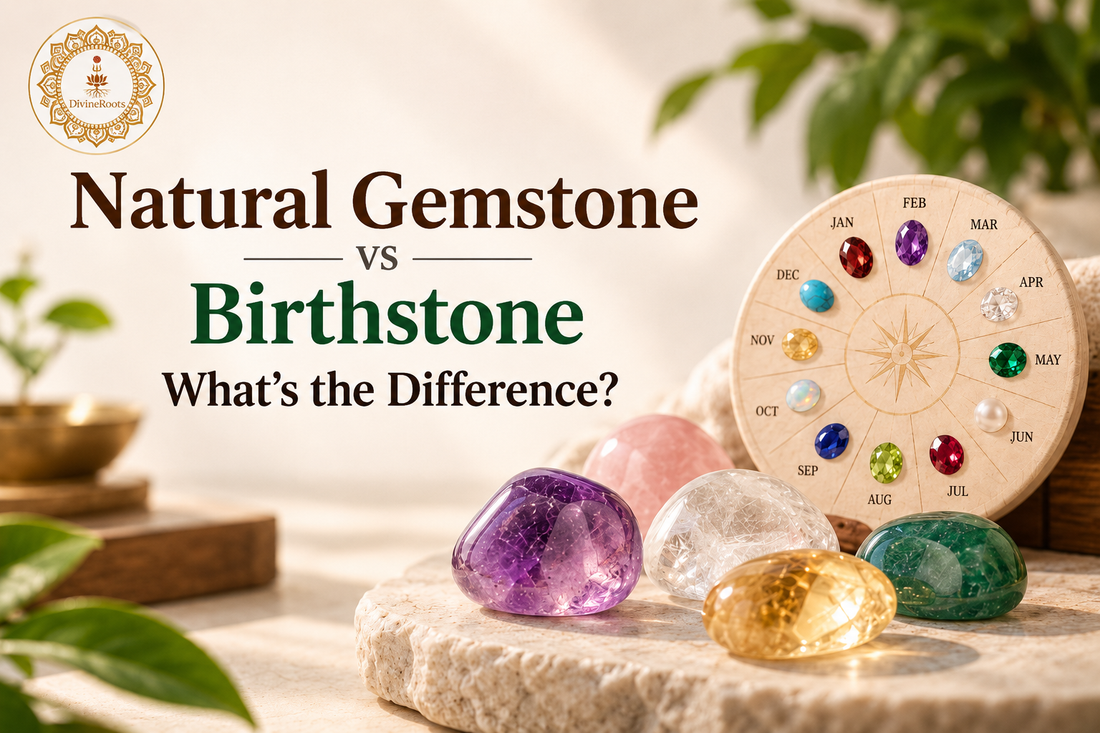 DivineRoots blog hero image comparing natural gemstones with birthstones, featuring polished Amethyst, Clear Quartz, Citrine, Green gemstone and a month-wise birthstone wheel to explain the difference between gemstone origin and birth-month association.
