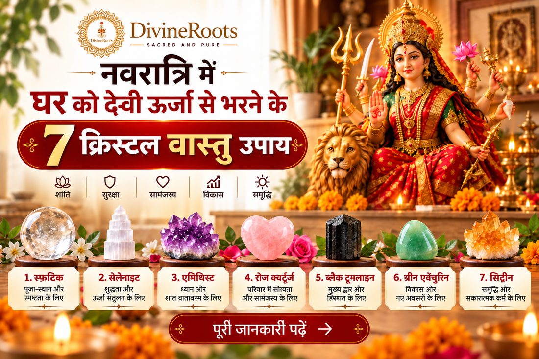 Maa Durga with seven crystals including Sphatik, Selenite, Amethyst, Rose Quartz, Black Tourmaline, Green Aventurine and Citrine, representing Navratri home Vastu guidance for peace, protection