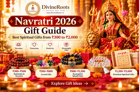 DivineRoots blog hero image for Navratri 2026 showing Maa Durga with spiritual gift ideas including Rudraksha mala, crystal bracelets, Karungali and Sphatik Mala, and a traditional Janam Kundali across budgets from ₹300 to ₹2,000.