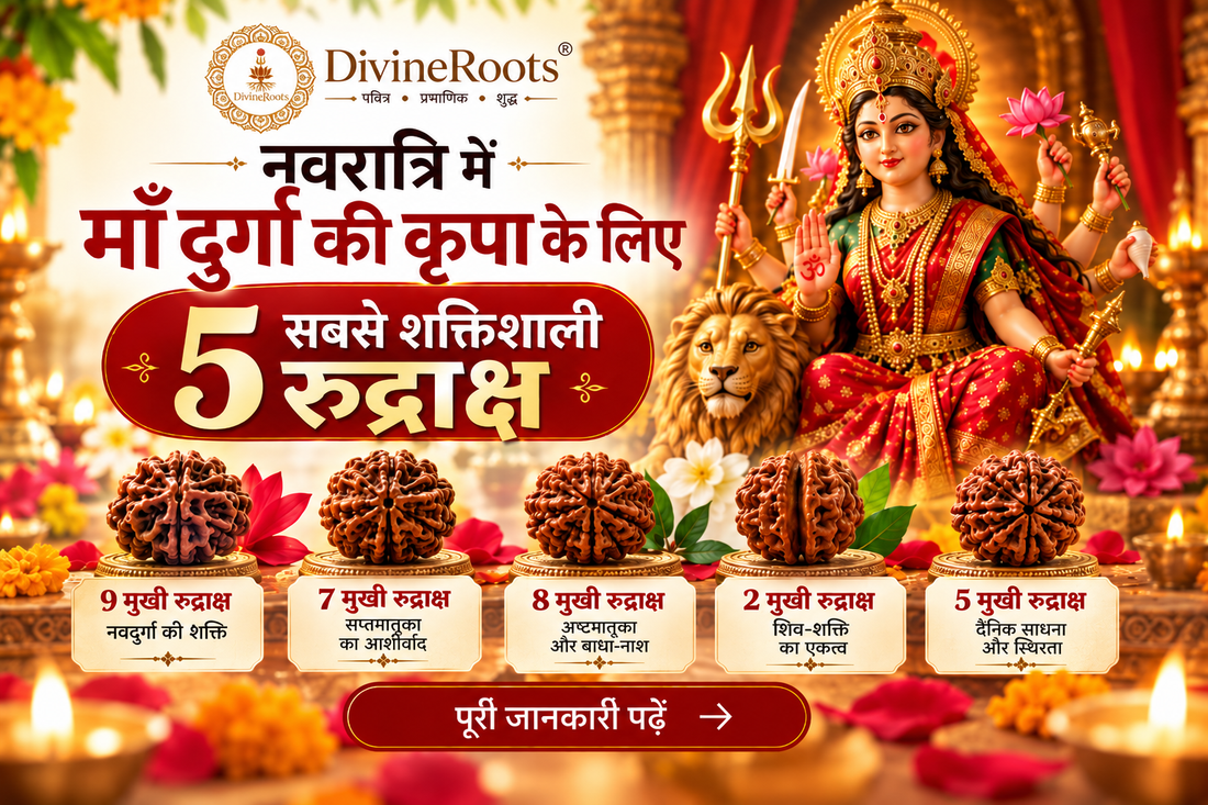 DivineRoots blog hero image showing Maa Durga with five Rudraksha beads representing 9 Mukhi, 7 Mukhi, 8 Mukhi, 2 Mukhi and 5 Mukhi Rudraksha for Navratri spiritual practice and Devi worship.