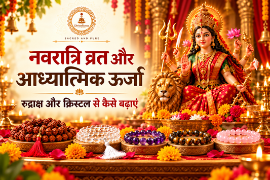 ivineRoots blog hero image showing Maa Durga with Rudraksha mala, Sphatik, Amethyst, Tiger Eye and Rose Quartz, representing Navratri fasting, spiritual discipline