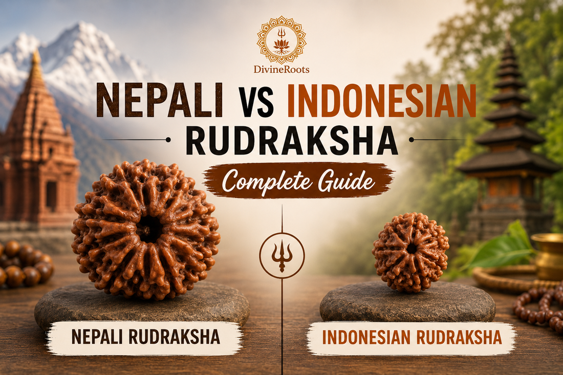 Nepali Rudraksha and Indonesian Rudraksha shown side by side with real-looking beads, explaining size, texture, daily wear comfort and traditional spiritual power difference