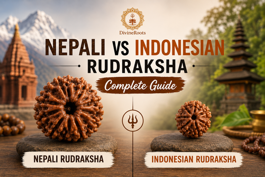 Nepali Rudraksha and Indonesian Rudraksha shown side by side with real-looking beads, explaining size, texture, daily wear comfort and traditional spiritual power difference