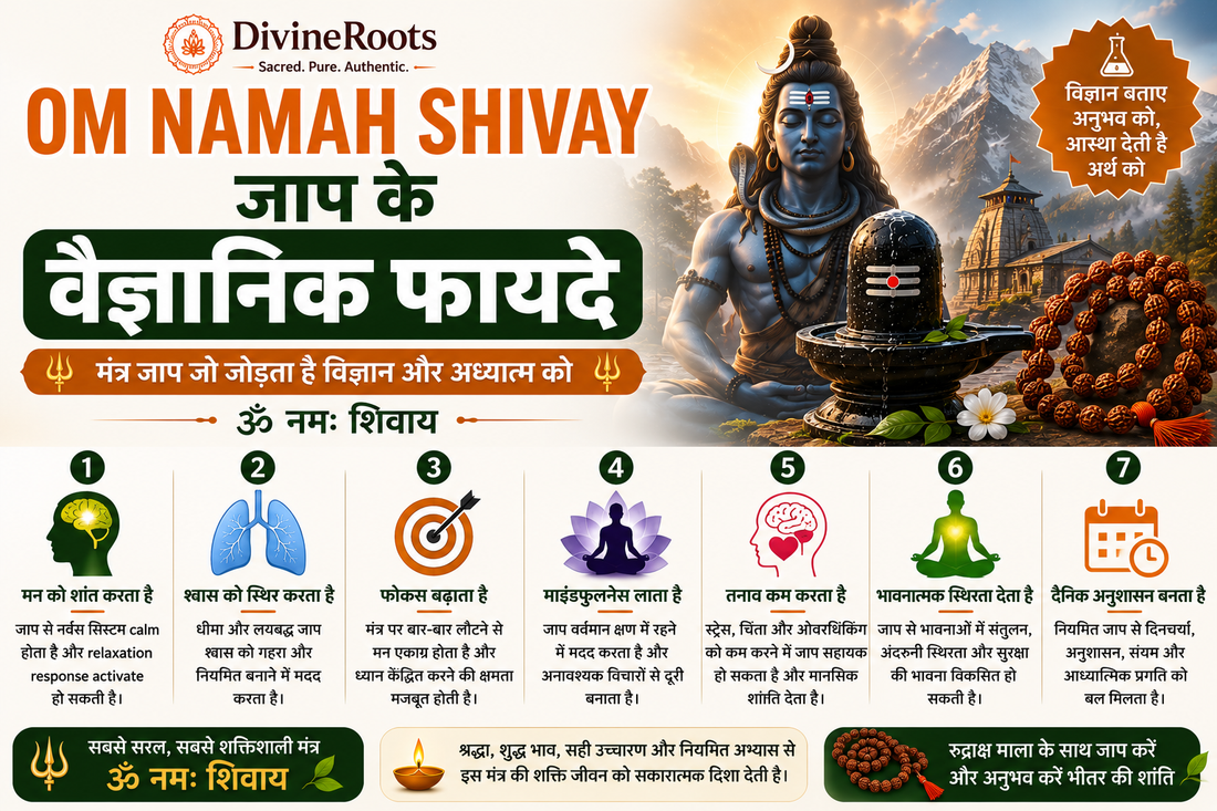 DivineRoots Hindi infographic showing Lord Shiva, Shivling, Rudraksha Mala and Om Namah Shivay mantra with scientific benefits of chanting such as calmness, steady breathing, focus, mindfulness, stress relief, emotional grounding and daily discipline