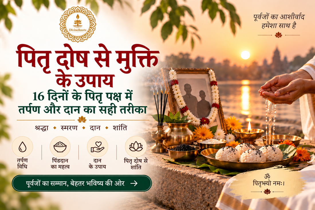 DivineRoots blog hero image showing Pitru Paksha Tarpan, Pind Daan, black sesame, diya, flowers and ancestor remembrance beside a river, representing traditional remedies associated with Pitru Dosh and respectful ancestral worship.