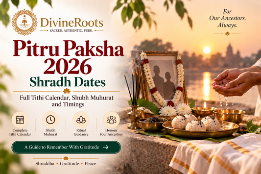 DivineRoots blog hero image for Pitru Paksha 2026 showing Shraddha offerings, Tarpan, diya, flowers and ancestor remembrance beside a river at sunrise, representing the full Tithi calendar, Muhurat and Shraddha timings.