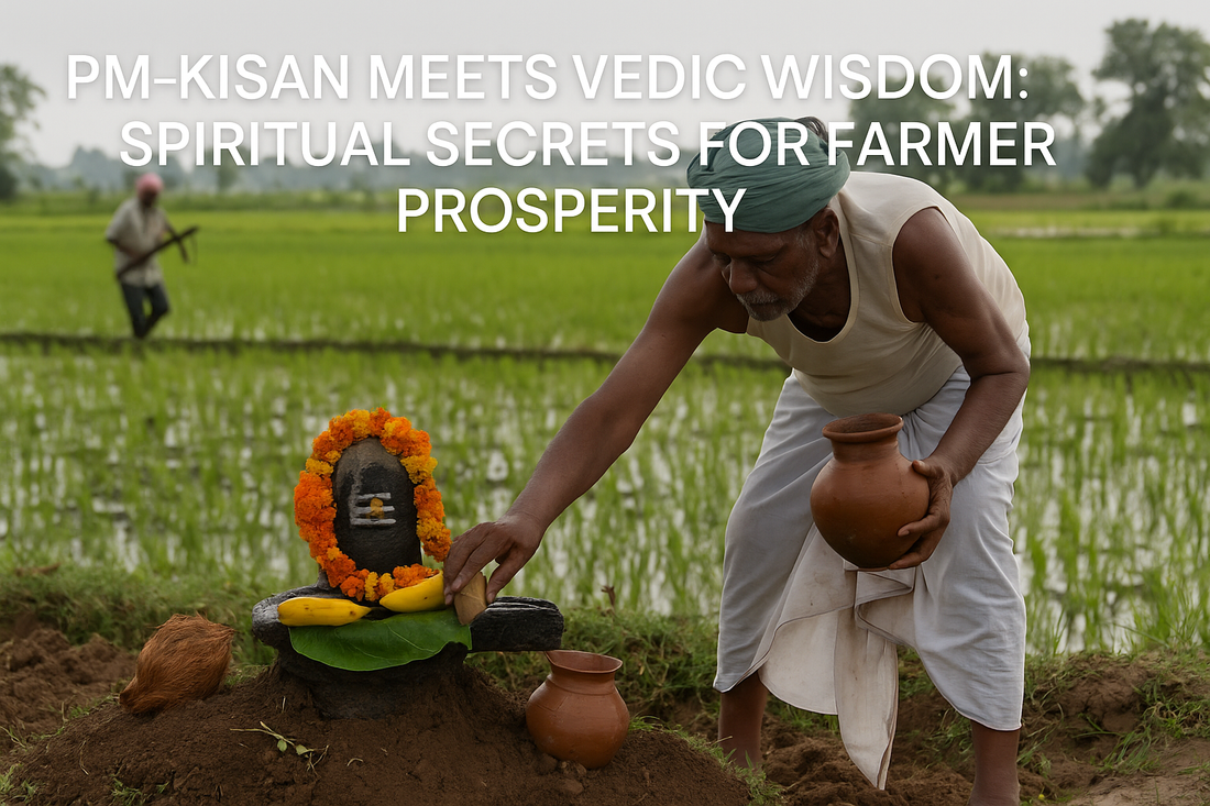 A traditional Indian farmer walking through a green field during sunset, symbolizing PM-KISAN and Vedic prosperity rituals
