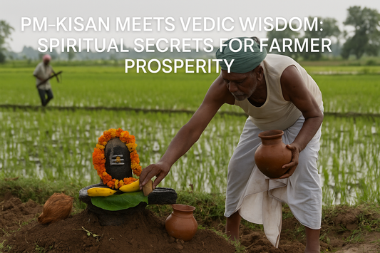 A traditional Indian farmer walking through a green field during sunset, symbolizing PM-KISAN and Vedic prosperity rituals