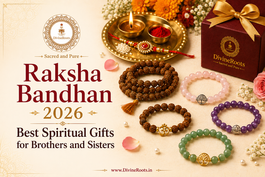 DivineRoots Raksha Bandhan 2026 blog hero image showing Rudraksha mala and bracelets for brothers, crystal bracelets for sisters, Rakhi puja thali and a festive gift box for meaningful spiritual gifting.