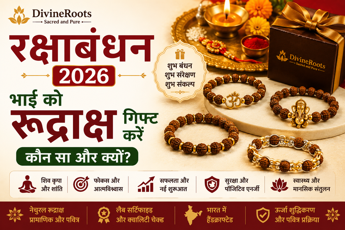 रक्षाबंधन 2026 के लिए DivineRoots blog hero image, जिसमें भाई के लिए Rudraksha bracelets, Rakhi puja thali, diya, gift box और spiritual gifting का festive setup दिखाया गया है।