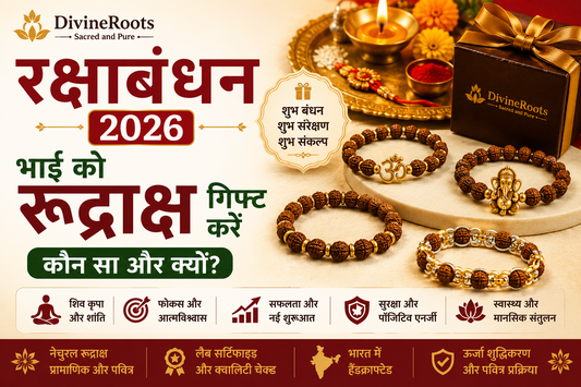 रक्षाबंधन 2026 के लिए DivineRoots blog hero image, जिसमें भाई के लिए Rudraksha bracelets, Rakhi puja thali, diya, gift box और spiritual gifting का festive setup दिखाया गया है।