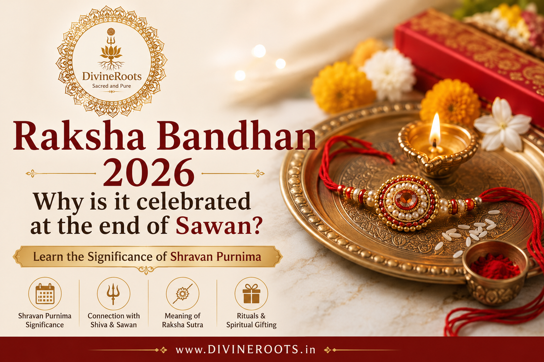 Raksha Bandhan 2026 DivineRoots blog hero image showing a festive rakhi thali, diya, flowers and gifts, explaining why Raksha Bandhan is celebrated at the end of Sawan on Shravan Purnima.