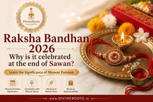 Raksha Bandhan 2026 DivineRoots blog hero image showing a festive rakhi thali, diya, flowers and gifts, explaining why Raksha Bandhan is celebrated at the end of Sawan on Shravan Purnima.
