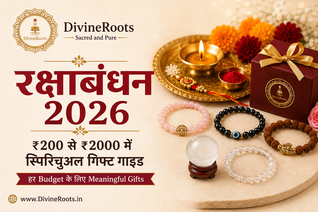 रक्षाबंधन 2026 के लिए DivineRoots spiritual gift guide hero image, जिसमें ₹200 से ₹2000 budget range के लिए crystal bracelets, Rudraksha bracelet, crystal ball, Rakhi puja thali और gift box दिखाए गए हैं।