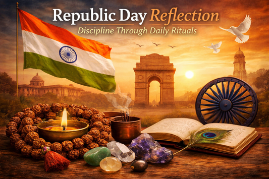 Republic Day reflection showing Indian flag, diya, rudraksha mala and spiritual symbols representing discipline through daily rituals