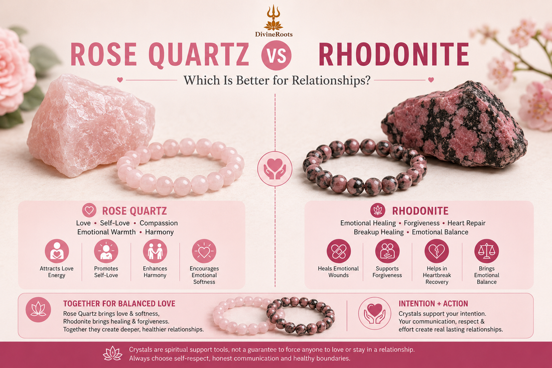 Rose Quartz and Rhodonite crystals with bracelets shown side by side for relationships, love, emotional healing, forgiveness, harmony and heartbreak recovery