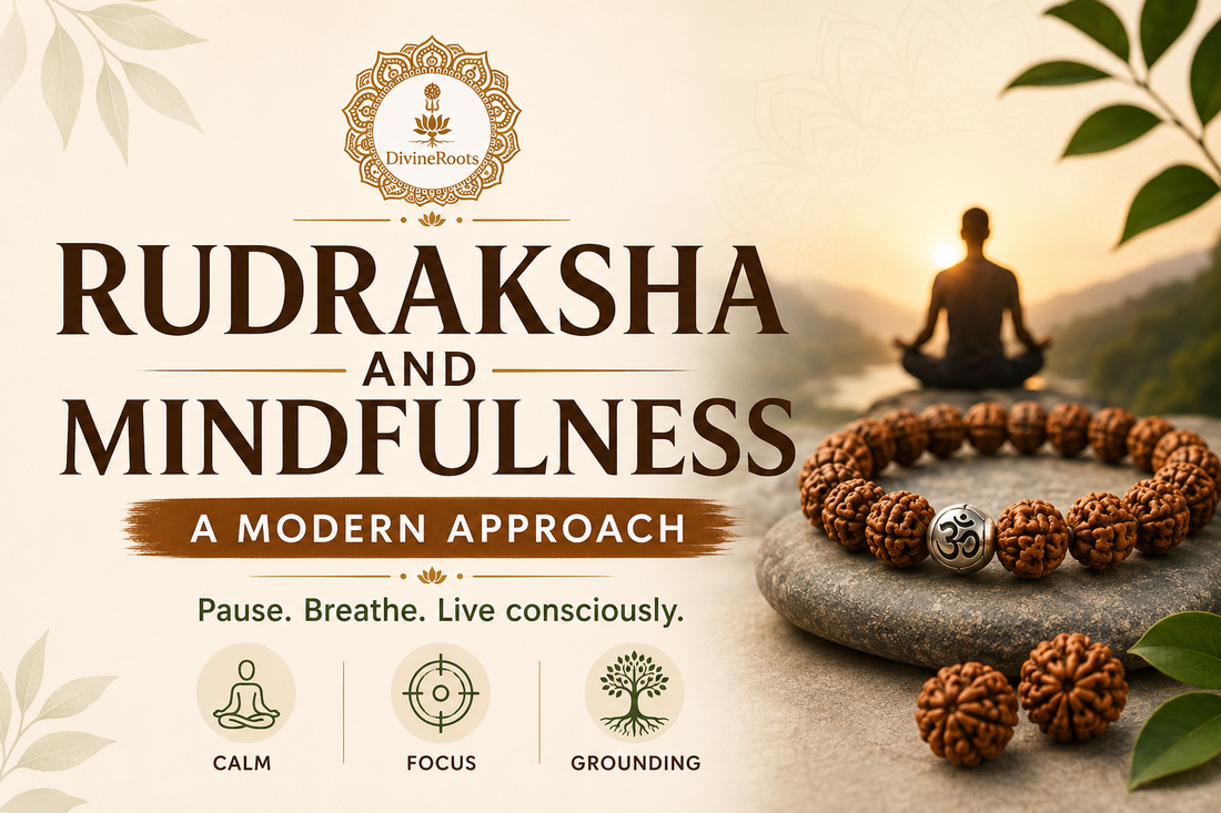 DivineRoots image showing Rudraksha bracelet and loose Rudraksha beads with a person meditating in nature, representing Rudraksha and mindfulness for calm, focus and grounding