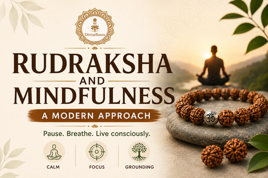 DivineRoots image showing Rudraksha bracelet and loose Rudraksha beads with a person meditating in nature, representing Rudraksha and mindfulness for calm, focus and grounding