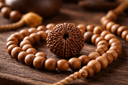 Close-up of a natural Rudraksha bead placed within a sandalwood mala on a wooden surface, symbolizing spiritual energy and meditation