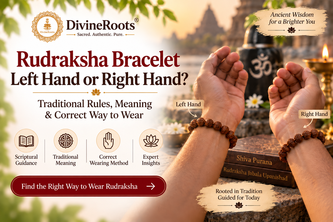 DivineRoots blog hero image showing Rudraksha bracelets worn on both left and right wrists beside a Shiva-inspired devotional setup, explaining traditional guidance on which hand to wear a Rudraksha bracelet.
