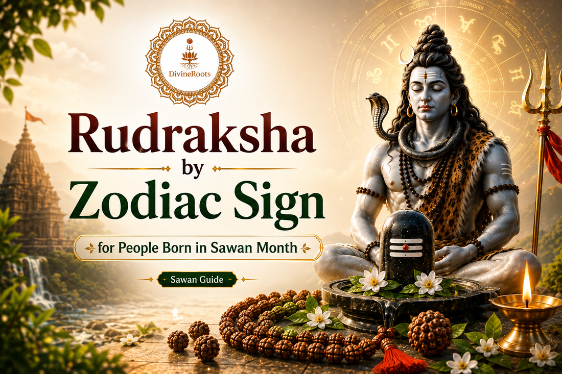 DivineRoots infographic showing Rudraksha by zodiac sign for people born in Sawan month with Lord Shiva, Shivling, Rudraksha Mala, zodiac symbols, diya and spiritual temple background