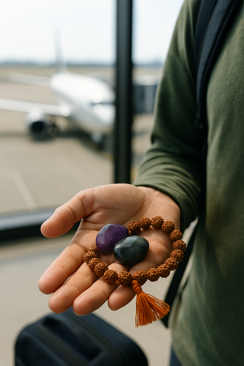 Traveler holding Rudraksha and crystals for calm and protection – DivineRoots