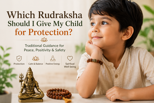 Child wearing Rudraksha bracelet with Lord Shiva statue and Rudraksha mala in a peaceful setting representing protection, positivity and spiritual well-being