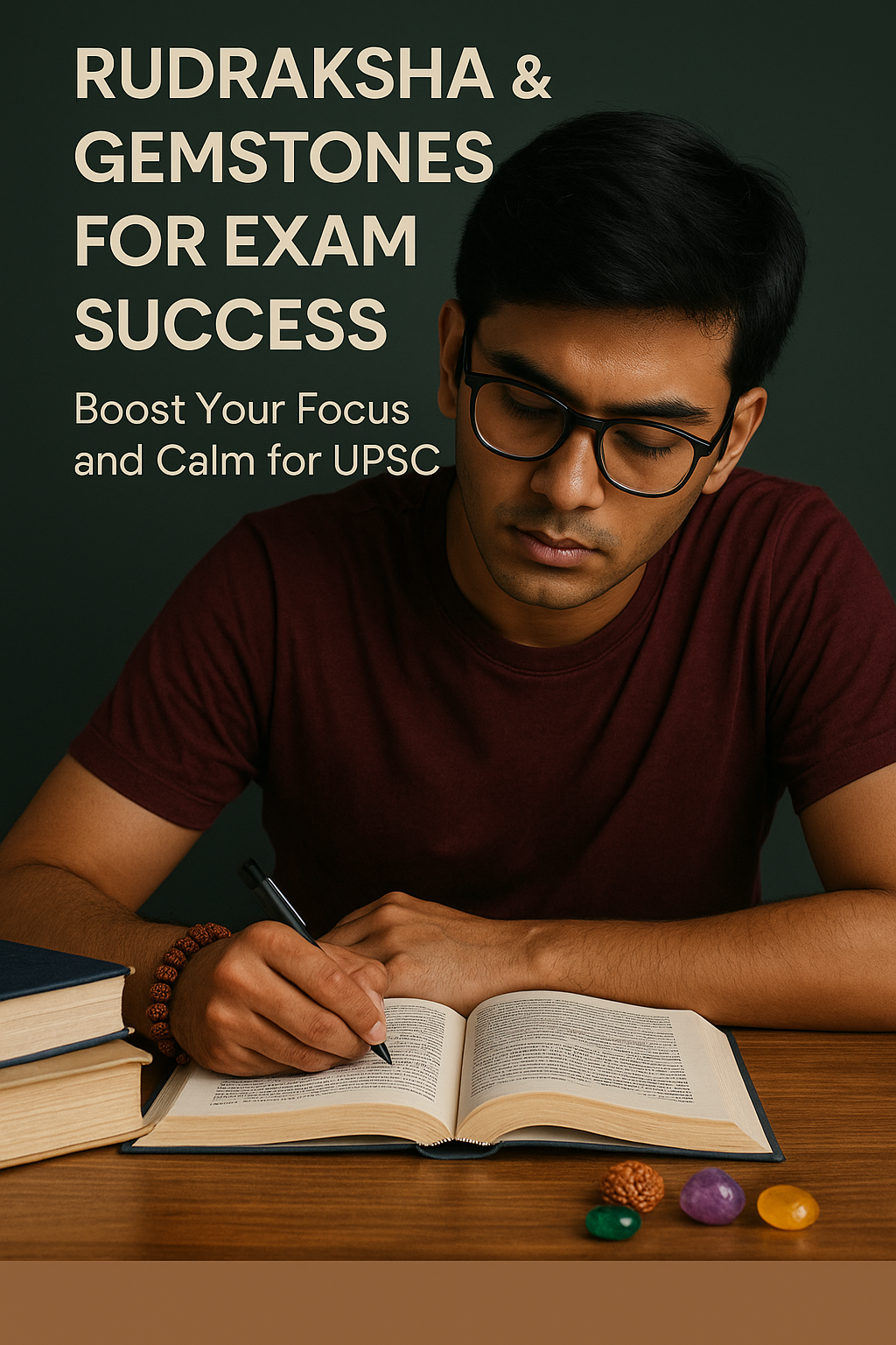 Student studying for UPSC with Rudraksha and gemstones for focus and calm – DivineRoots
