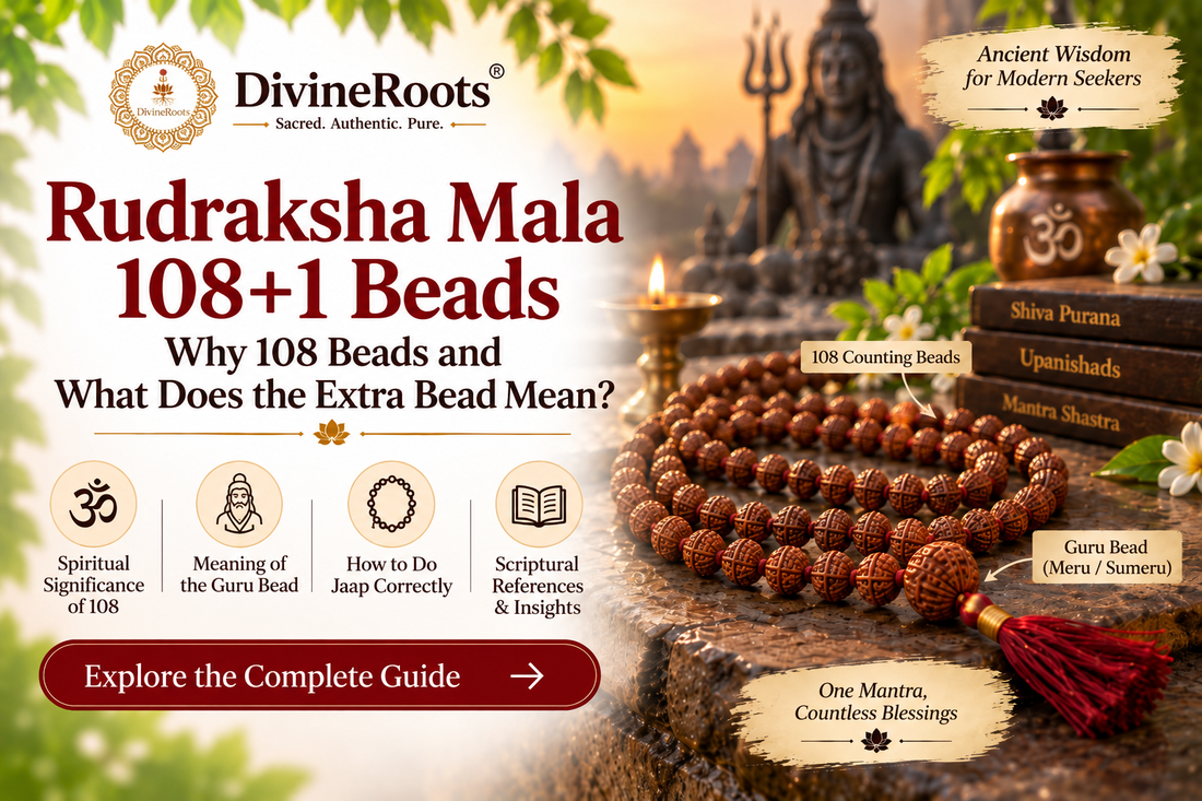 DivineRoots blog hero image showing a realistic 108+1 Rudraksha Mala with natural Rudraksha beads, a distinct Guru or Meru bead, tassel, diya and Shiva-inspired devotional setting, explaining why a jaap mala has 108 counting beads plus one extra bead.