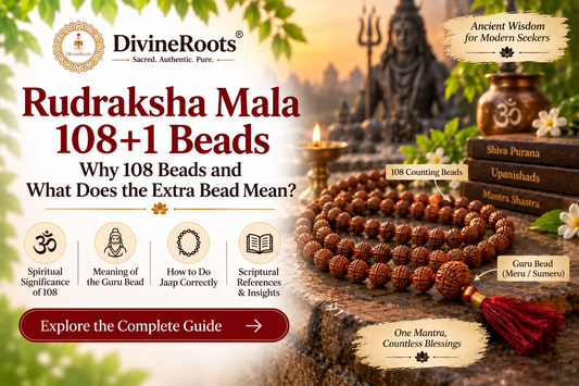 DivineRoots blog hero image showing a realistic 108+1 Rudraksha Mala with natural Rudraksha beads, a distinct Guru or Meru bead, tassel, diya and Shiva-inspired devotional setting, explaining why a jaap mala has 108 counting beads plus one extra bead.