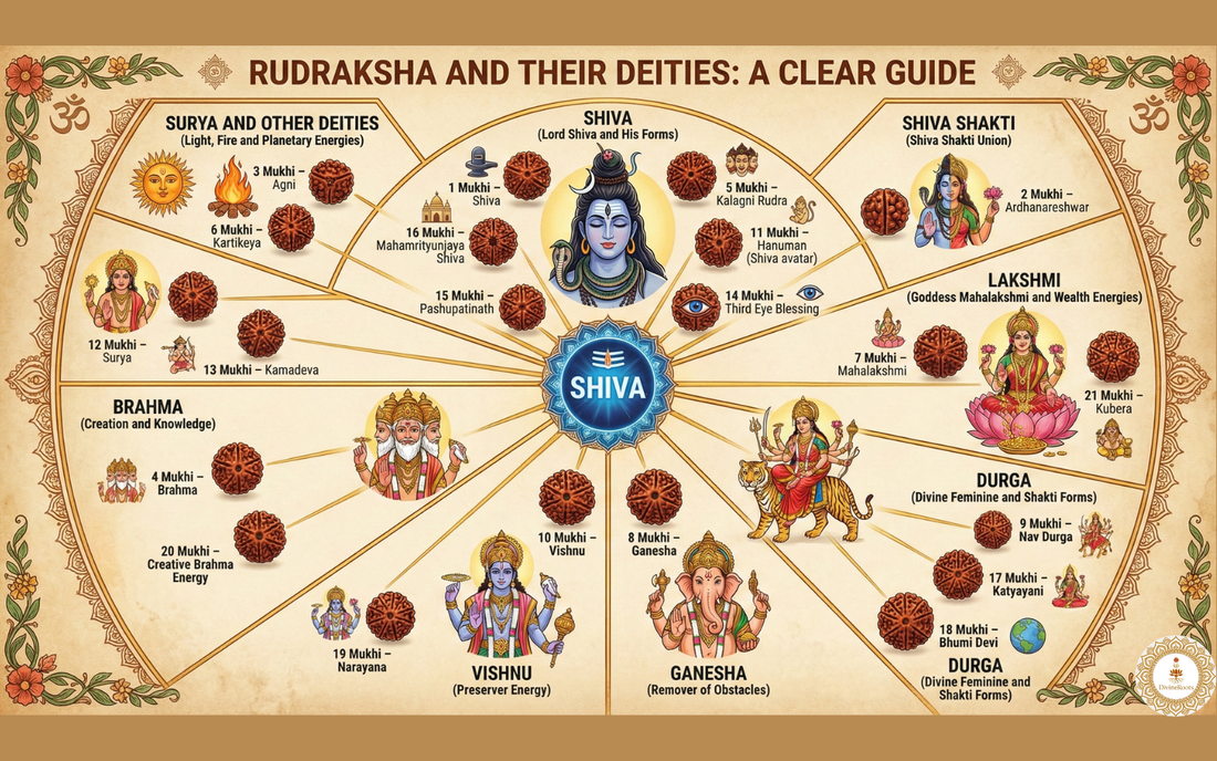 Complete Rudraksha guide showing different Mukhi Rudraksha and their associated Hindu deities including Shiva, Vishnu, Ganesha, Lakshmi and Durga