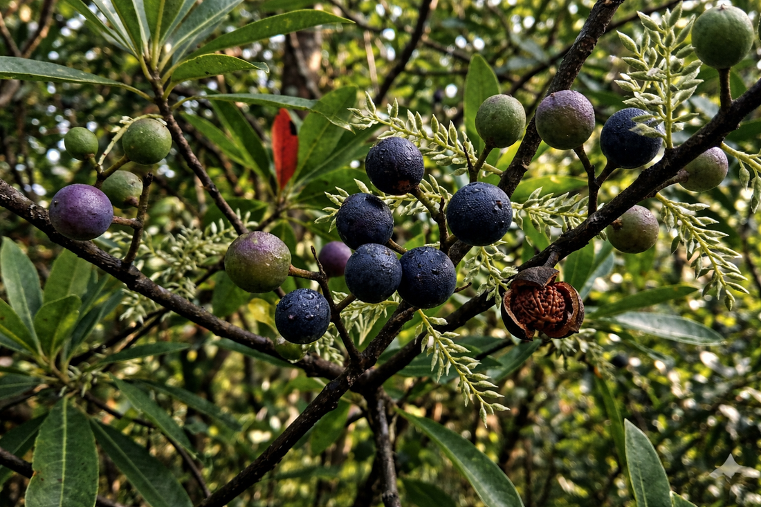 Clusters of ripe Rudraksha fruits on tree branches with green leaves in natural sunlight, showing the natural origin of Rudraksha beads