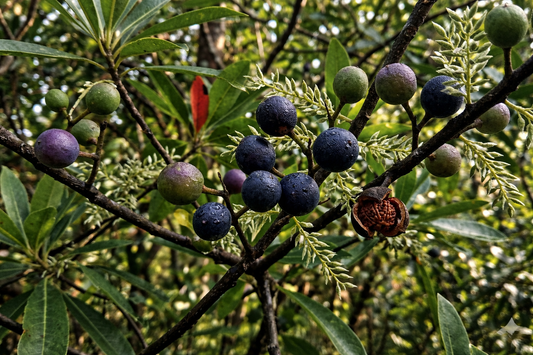 Clusters of ripe Rudraksha fruits on tree branches with green leaves in natural sunlight, showing the natural origin of Rudraksha beads