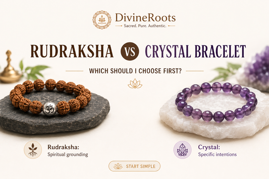 DivineRoots image comparing Rudraksha bracelet and crystal bracelet, showing Rudraksha for spiritual grounding and crystal bracelet for specific intentions