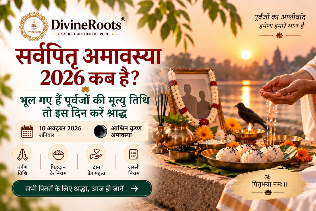 DivineRoots blog hero image for Sarva Pitru Amavasya 2026 showing Tarpan, Pind Daan, diya, black sesame, flowers, ancestor remembrance and a riverside Shraddha ritual for those who do not know the exact death Tithi of their ancestors.