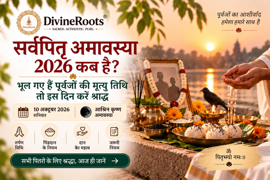 DivineRoots blog hero image for Sarva Pitru Amavasya 2026 showing Tarpan, Pind Daan, diya, black sesame, flowers, ancestor remembrance and a riverside Shraddha ritual for those who do not know the exact death Tithi of their ancestors.