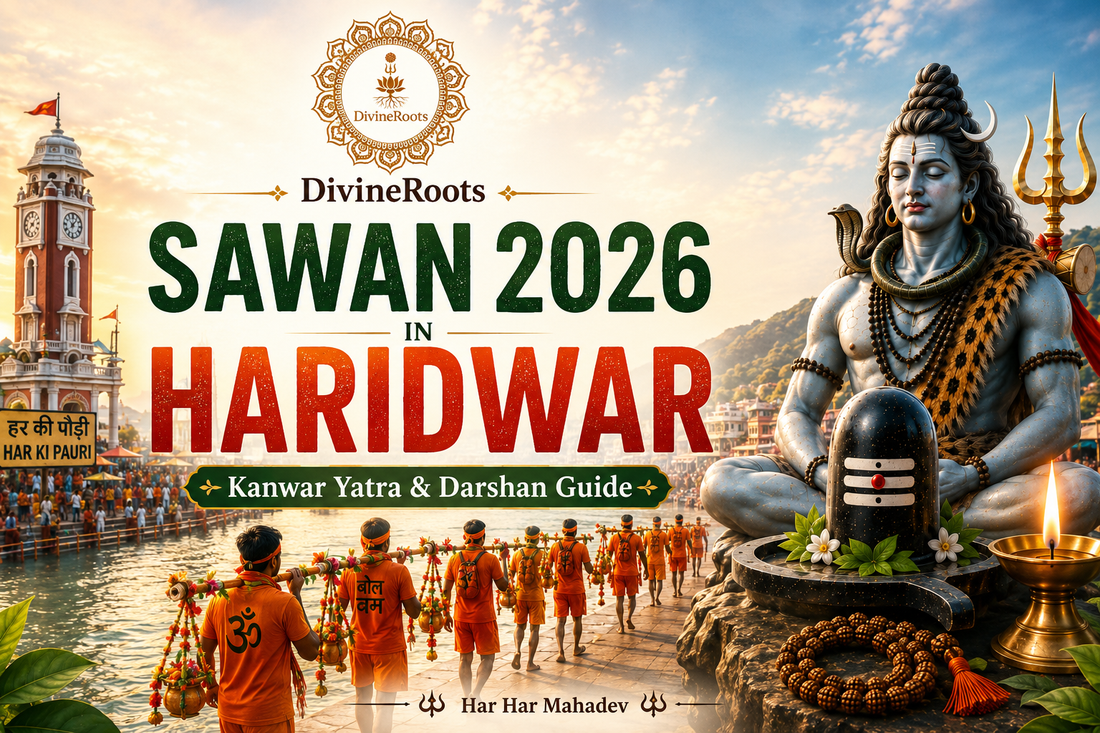 DivineRoots infographic showing Sawan 2026 in Haridwar with Har Ki Pauri, Kanwar Yatra devotees, Lord Shiva, Shivling, Rudraksha Mala, diya, Ganga river and Kanwar Yatra darshan guide theme