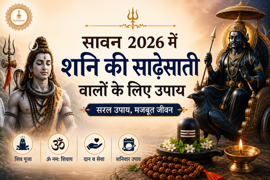DivineRoots Hindi infographic showing Sawan 2026 Shani Sadesati remedies with Lord Shiva, Shani Dev, Shivling, Rudraksha Mala, diya and spiritual astrology theme