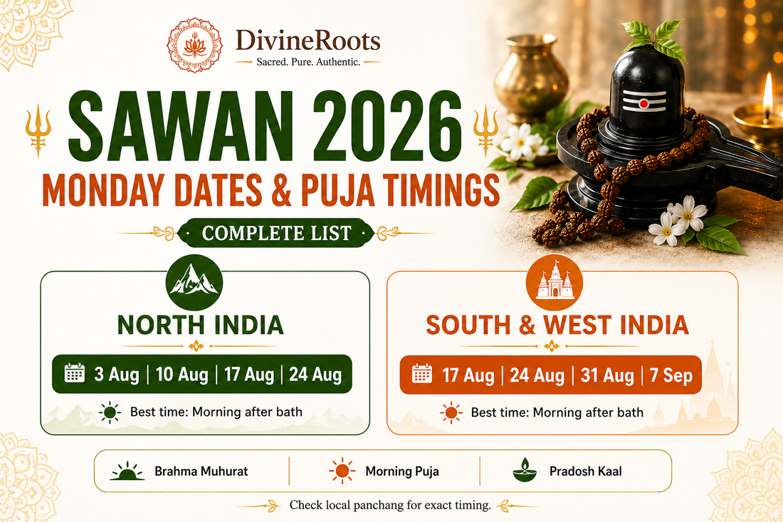 DivineRoots Sawan 2026 infographic showing Monday dates and puja timings for North India and South West India, with Shivling, Rudraksha Mala, Brahma Muhurat, Morning Puja and Pradosh Kaal guidance