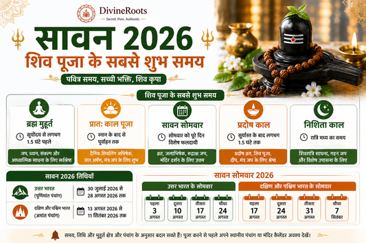 DivineRoots Hindi infographic showing Shivling with Rudraksha Mala and Sawan 2026 Shiva Puja auspicious timings including Brahma Muhurat, morning puja, Sawan Somwar and Pradosh Kaal