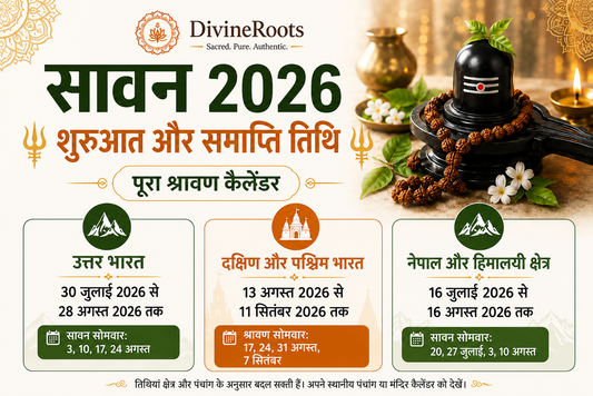 DivineRoots Hindi Sawan 2026 calendar infographic showing Shivling, Rudraksha Mala, Sawan start and end dates for Uttar Bharat, Dakshin aur Paschim Bharat, Nepal aur Himalayan regions, with Sawan Somwar dates