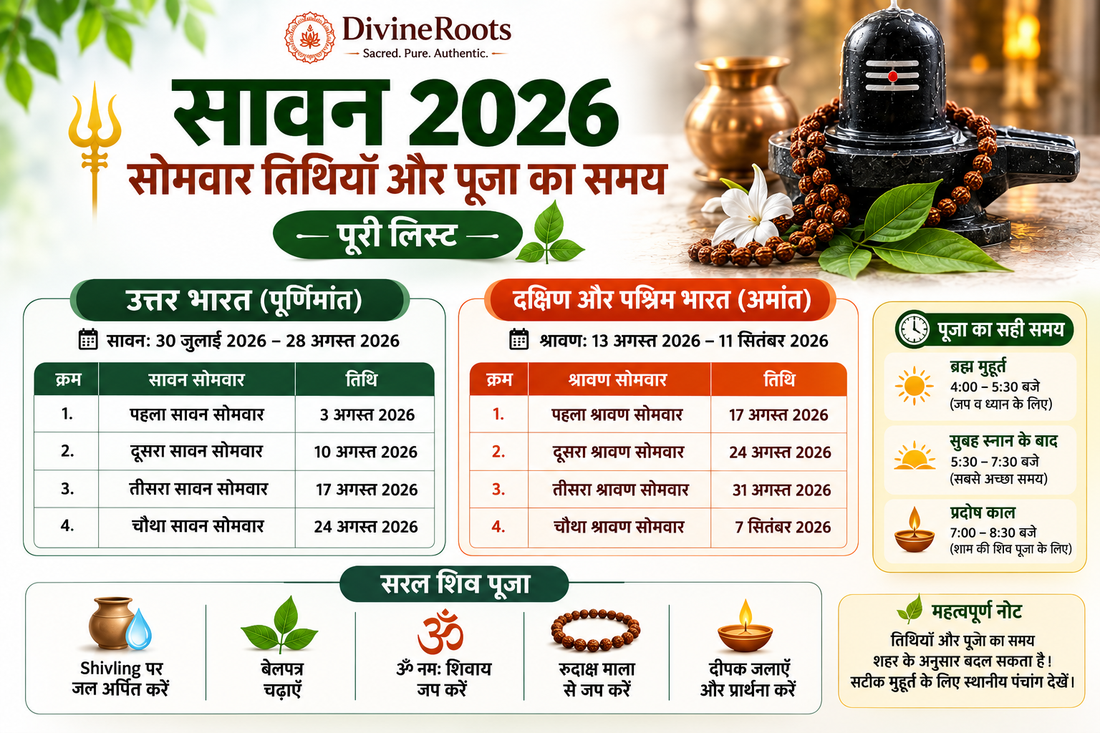 DivineRoots Hindi infographic showing Sawan 2026 Somvar dates and puja timing list with Shivling, Rudraksha Mala, Uttar Bharat dates, Dakshin aur Paschim Bharat dates, Brahma Muhurat, morning puja and Pradosh Kaal