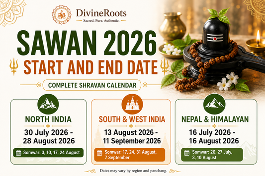 DivineRoots Sawan 2026 calendar infographic showing Lord Shiva Shivling with Rudraksha Mala, Sawan start and end dates for North India, South and West India, Nepal and Himalayan regions, with Sawan Somwar dates