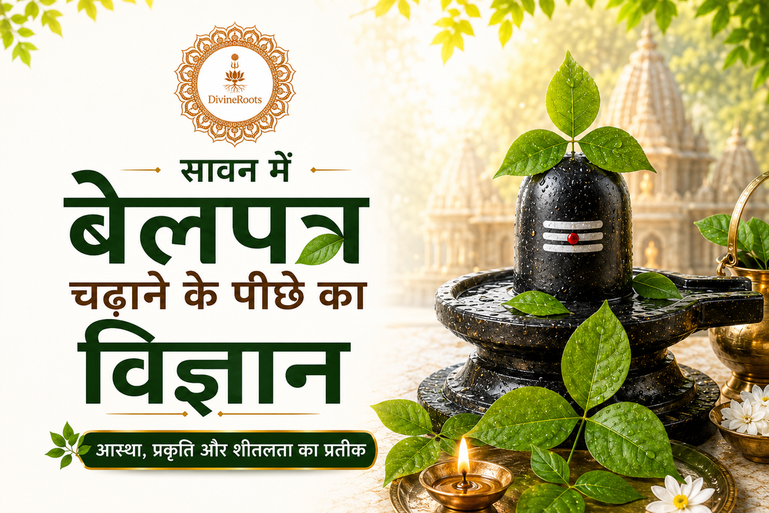 DivineRoots Hindi infographic showing Bel Patra offered on Shivling in Sawan with diya, temple background and sacred Shiva Puja theme, explaining the science and symbolism behind offering Bel leaves