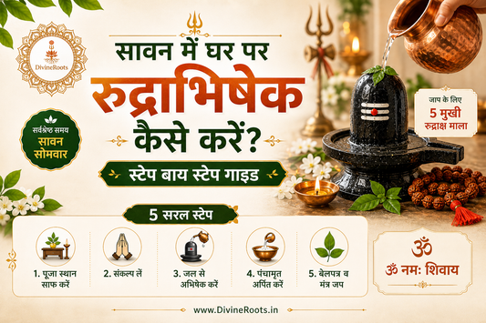 DivineRoots Hindi infographic showing Rudrabhishek at home in Sawan with Shivling Abhishek, copper kalash, Rudraksha Mala, Bel Patra, diya and simple step-by-step puja guidance including clean space, sankalp, jal, Panchamrit and Om Namah Shivaya chanting